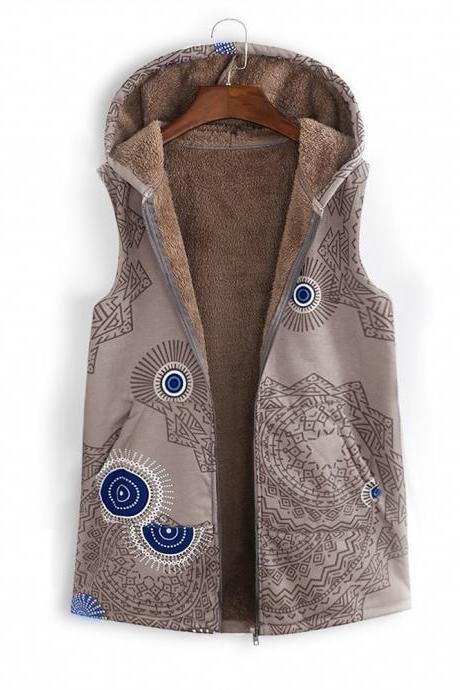 Women Floral Printed Waistcoat Winter Warm Hooded Pockets Vest Thicken Casual Plus Size Sleeveless Coat Outwear khaki