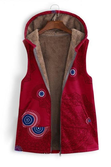 Women Floral Printed Waistcoat Winter Warm Hooded Pockets Vest Thicken Casual Plus Size Sleeveless Coat Outwear red