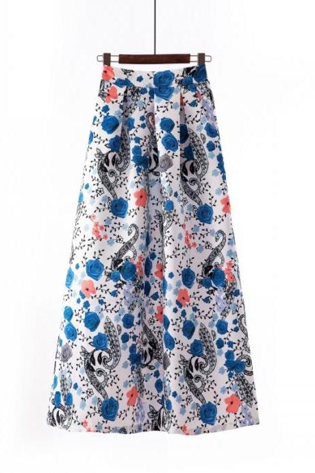  Women Floral Printed Maxi Skirt Vintage High Waist Floor Length Plus Size Pleated A Line Long Skirt 4#