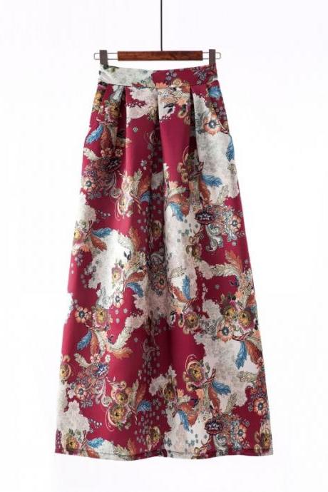  Women Floral Printed Maxi Skirt Vintage High Waist Floor Length Plus Size Pleated A Line Long Skirt 8#