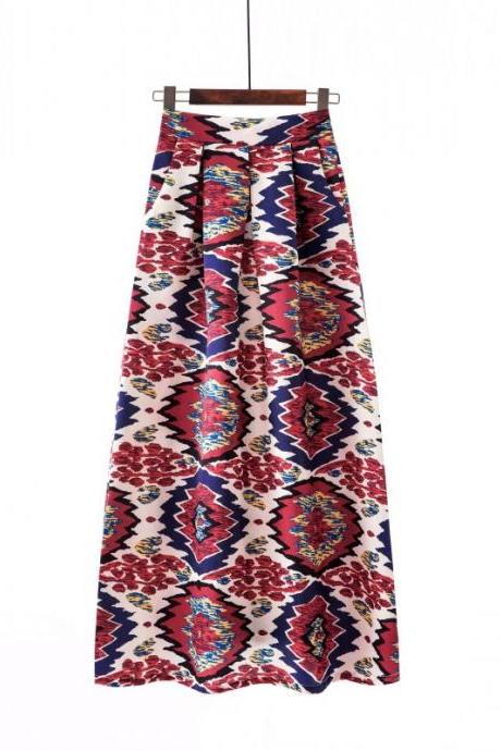  Women Floral Printed Maxi Skirt Vintage High Waist Floor Length Plus Size Pleated A Line Long Skirt 10#