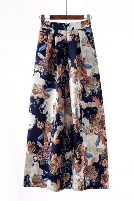  Women Floral Printed Maxi Skirt Vintage High Waist Floor Length Plus Size Pleated A Line Long Skirt 12#