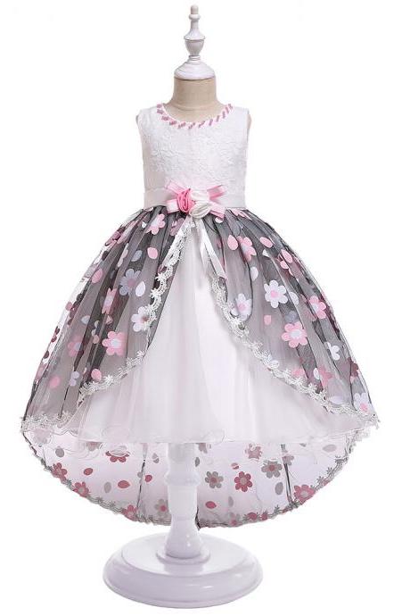 High Low Flower Girl Dress Floral Trailing Wedding Perform Birthday Princess Party Tutu Gown Children Clothes pink