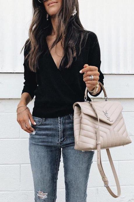Women Knitted Sweater Autumn Winter Warm V-neck Long Sleeve Casual Loose Pullovers Tops Black