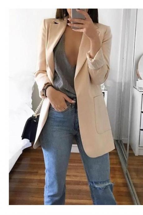 Women Blazer Coat Autumn Long Sleeve Slim Fit Work Office Business Casual Suit Coat beige