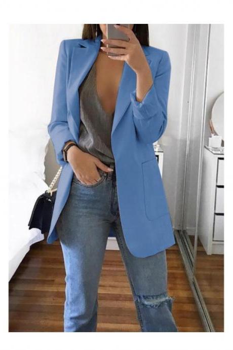  Women Blazer Coat Autumn Long Sleeve Slim Fit Work Office Business Casual Suit Coat blue