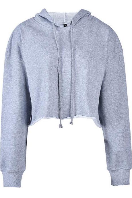 Women Hoodies Autumn Long Sleeve Streetwear Casual Loose Crop Tops Pullover Hooded Sweatshirt gray