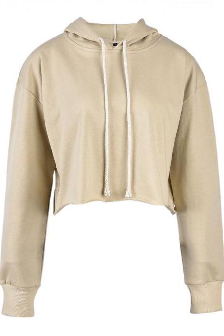  Women Hoodies Autumn Long Sleeve Streetwear Casual Loose Crop Tops Pullover Hooded Sweatshirt khaki