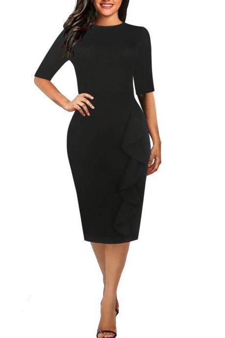  Women Pencil Dress Vintage Short Sleeve Casual Knee Length Bodycon Work Business Midi Party Dress 2#