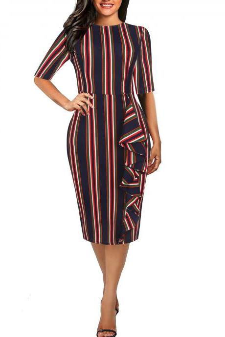  Women Pencil Dress Vintage Short Sleeve Casual Knee Length Bodycon Work Business Midi Party Dress 3#