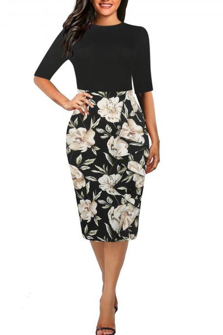  Women Pencil Dress Vintage Short Sleeve Casual Knee Length Bodycon Work Business Midi Party Dress 5#