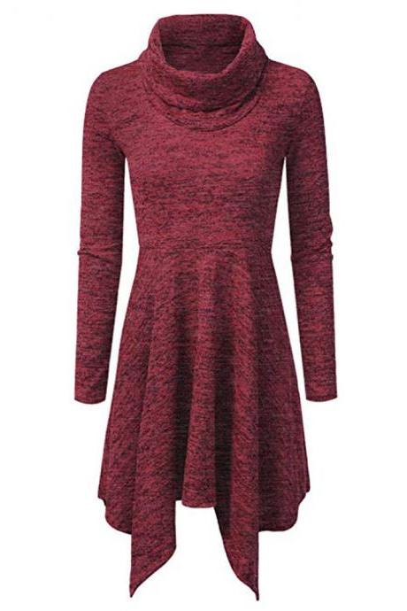 Women Casual Dress Autumn Long Sleeve Turtleneck Knitted Asymmetrical Slim Mini Club Party Dress wine red