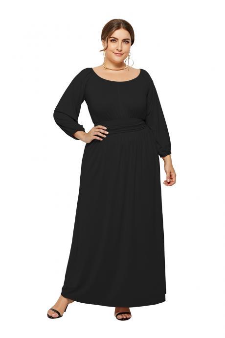 Plus Size Women Maxi Dress High Waist Long Sleeve Solid Loose Formal Party Long Dress black