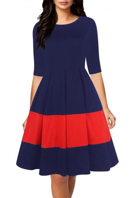 Women Casual Dress Autumn Half Sleeve Patchwork A-line Office Work Business Party Dress Dark Blue+red