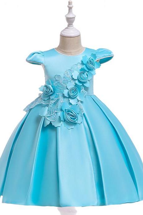 Satin Flower Girl Dress Cap Sleeve Floral Kids Birthday Formal Party Prom Gown Children Clothes sky blue