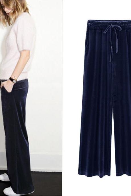  Women Velvet Pants Drawstring High Waist Plus Size Casual Loose Long Wide Leg Trousers navy blue