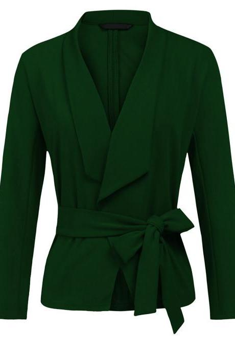 Women Blazer Coat Autumn Long Sleeve Belted Casual Work Office Lady Slim Suit Jacket Hunter Green
