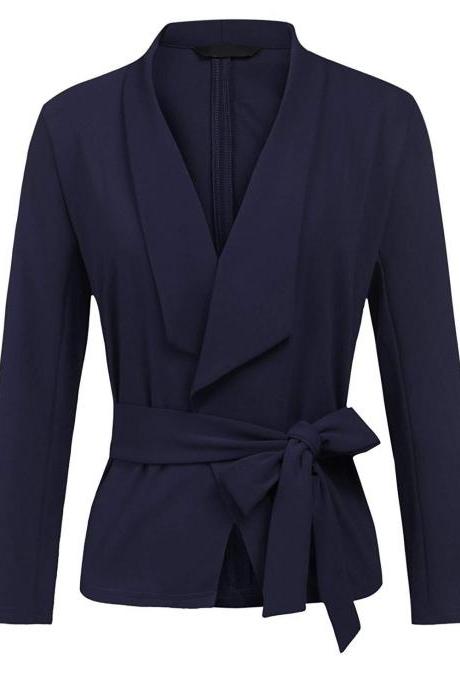 Women Blazer Coat Autumn Long Sleeve Belted Casual Work Office Lady Slim Suit Jacket navy blue