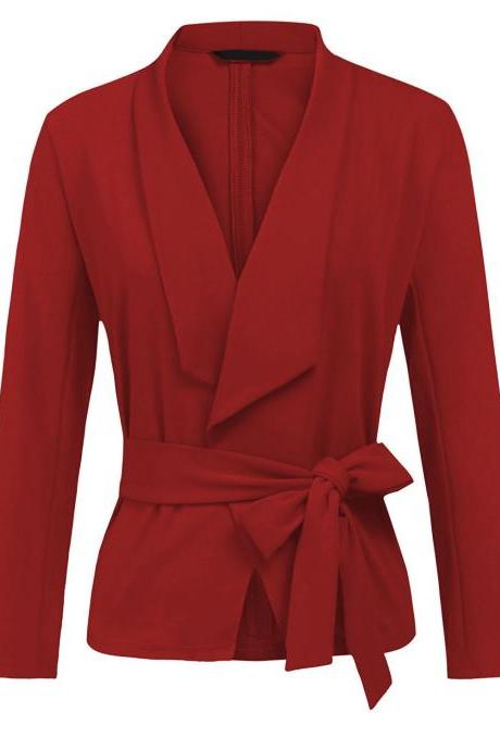 Women Blazer Coat Autumn Long Sleeve Belted Casual Work Office Lady Slim Suit Jacket Red