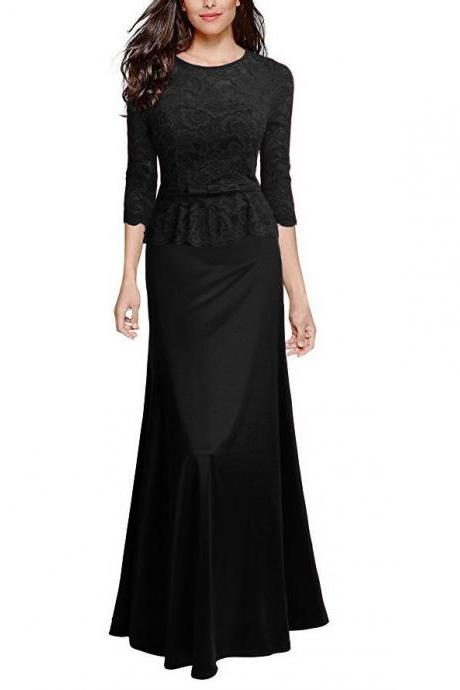 Women Floral Lace Maxi Dress 3/4 Sleeve Slim Peplum Long Evening Party Bridesmaid Dress black