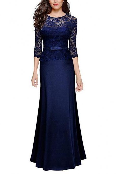 Women Floral Lace Maxi Dress 3/4 Sleeve Slim Peplum Long Evening Party Bridesmaid Dress navy blue