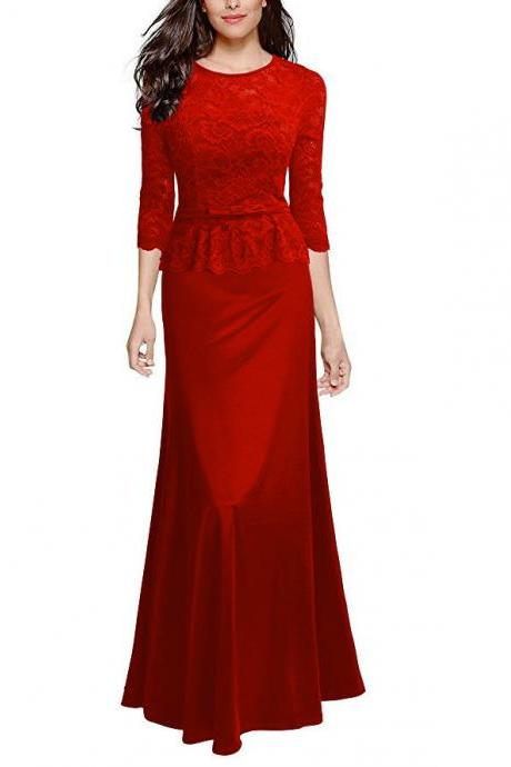  Women Floral Lace Maxi Dress 3/4 Sleeve Slim Peplum Long Evening Party Bridesmaid Dress red