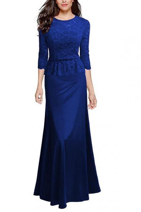  Women Floral Lace Maxi Dress 3/4 Sleeve Slim Peplum Long Evening Party Bridesmaid Dress royal blue