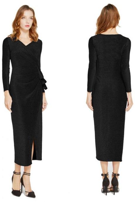  Women Wrap Dress V-Neck Long Sleeve Split Casual Midi Bodycon Pencil Club Party Dress black