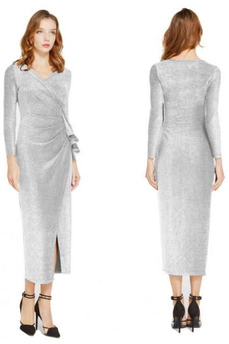 Women Wrap Dress V-Neck Long Sleeve Split Casual Midi Bodycon Pencil Club Party Dress silver