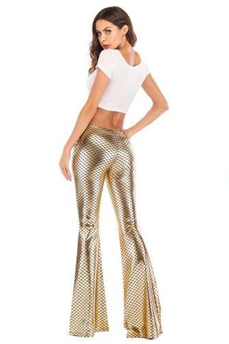 Women Fish Scale Printed Flare Pants Autumn High Waist Casual Fashion Streetwear Skinny Trousers gold