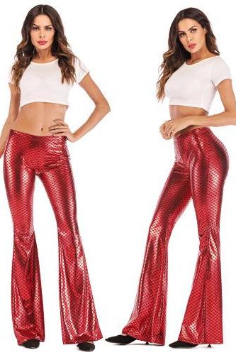 Women Fish Scale Printed Flare Pants Autumn High Waist Casual Fashion Streetwear Skinny Trousers red