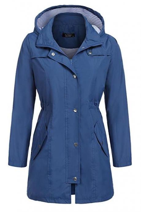Women Casual Coat Spring Autumn Slim Hooded Waterproof Raincoat Long Jacket Windbreaker Dark Blue