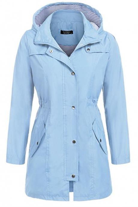 Women Casual Coat Spring Autumn Slim Hooded Waterproof Raincoat Long Jacket Windbreaker Sky Blue