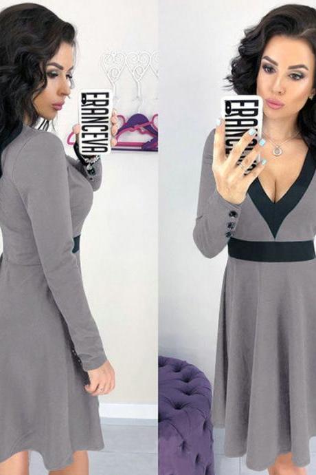 Women Casual Dress Sexy V Neck Patchwork Contrast Color Long Sleeve A-Line Club Party Dress gray