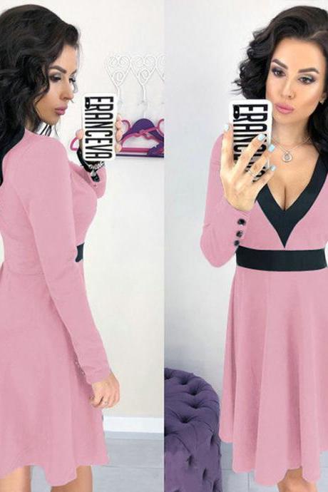  Women Casual Dress Sexy V Neck Patchwork Contrast Color Long Sleeve A-Line Club Party Dress pink