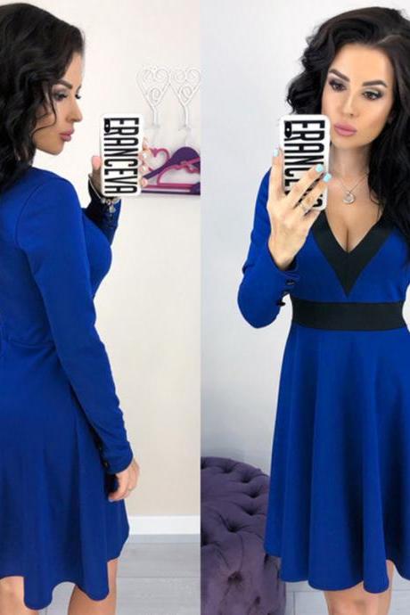 Women Casual Dress Sexy V Neck Patchwork Contrast Color Long Sleeve A-line Club Party Dress Royal Blue
