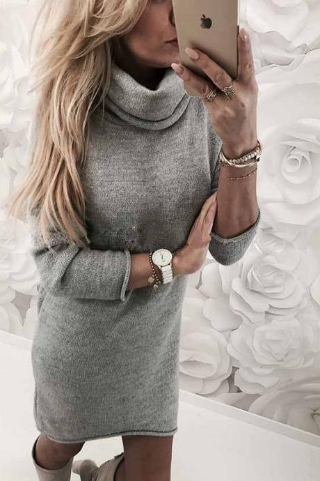 Women Sweater Dress Autumn Winter Turtleneck Long Sleeve Casual Streetwear Mini Knitted Dress gray