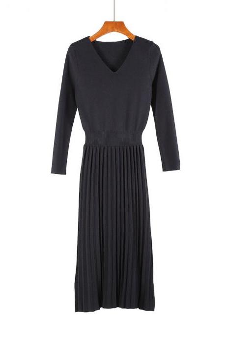 Women Sweater Dress Autumn Winter V Neck Long Sleeve Slim Pleated Elastic Casual Midi Knitted Dress black