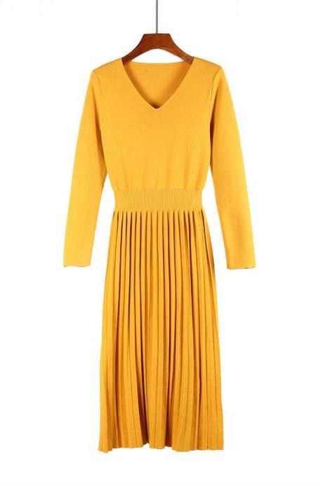 Women Sweater Dress Autumn Winter V Neck Long Sleeve Slim Pleated Elastic Casual Midi Knitted Dress yellow