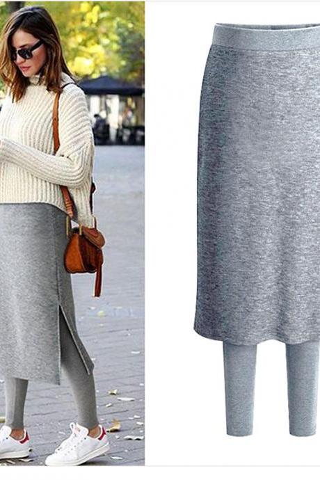  Women Fleece Skirt Pants Autumn Winter Thick Elastic Waist Plus Size Two Pieces Warm Trousers gray