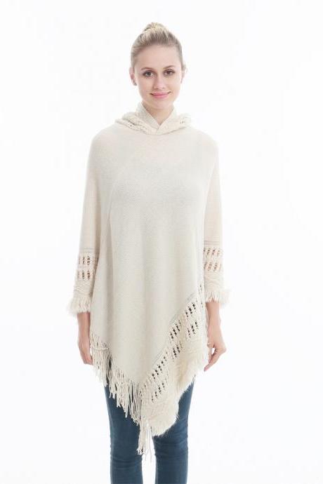 Women Tassel Cape Coat Autumn Winter Knitted Hollow Out Hooded Fringe Poncho Asymmetrical Tops Beige