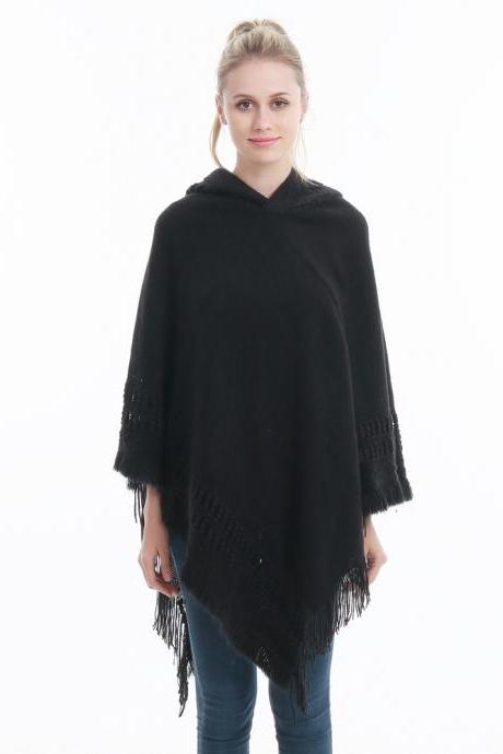  Women Tassel Cape Coat Autumn Winter Knitted Hollow out Hooded Fringe Poncho Asymmetrical Tops black
