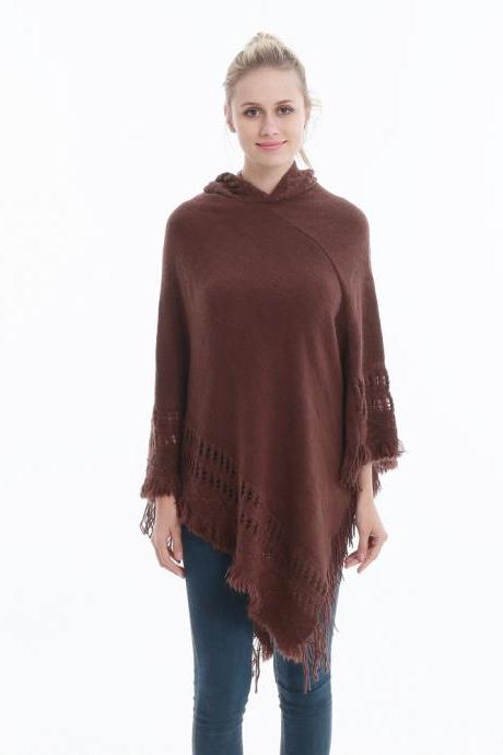 Women Tassel Cape Coat Autumn Winter Knitted Hollow Out Hooded Fringe Poncho Asymmetrical Tops Coffee