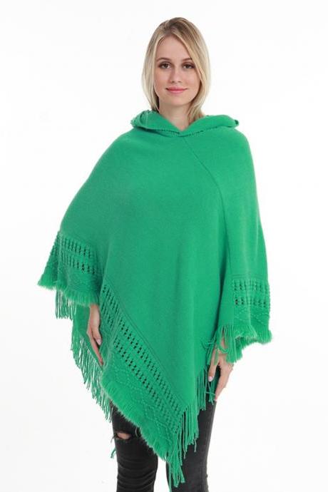  Women Tassel Cape Coat Autumn Winter Knitted Hollow out Hooded Fringe Poncho Asymmetrical Tops green