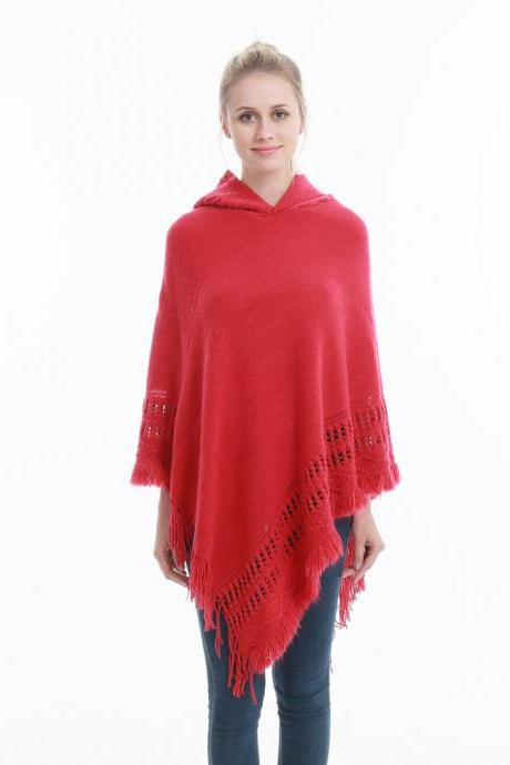 Women Tassel Cape Coat Autumn Winter Knitted Hollow Out Hooded Fringe Poncho Asymmetrical Tops Red