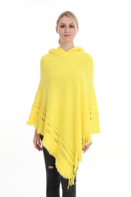 Women Tassel Cape Coat Autumn Winter Knitted Hollow Out Hooded Fringe Poncho Asymmetrical Tops Yellow
