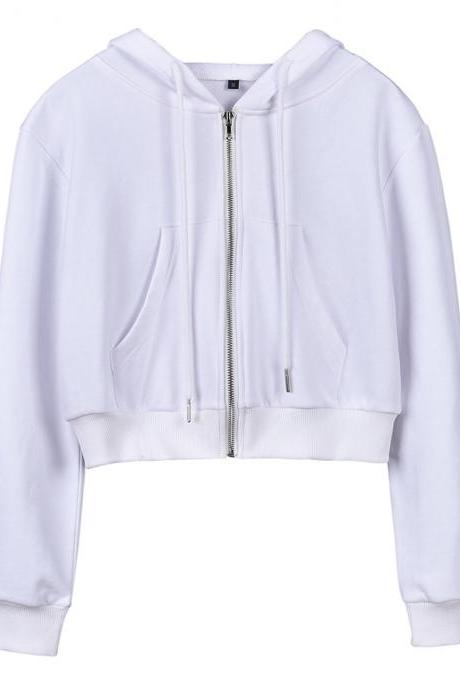 Women Cropped Hoodie Tops Autumn Zipper Hooded Streetwear Casual Short Sweatshirt Coat off white