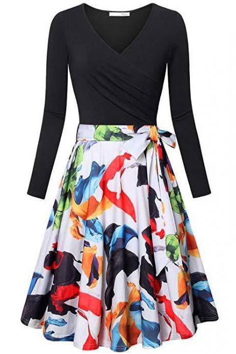 Women Floral Printed Dress V Neck Long Sleeve Patchwork Casual A Line Work Office Party Dress black+white leaf