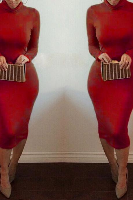  Women Midi Pencil Dress Autumn Turtleneck Long Sleeve Solid Bodycon Night Club Party Dress red
