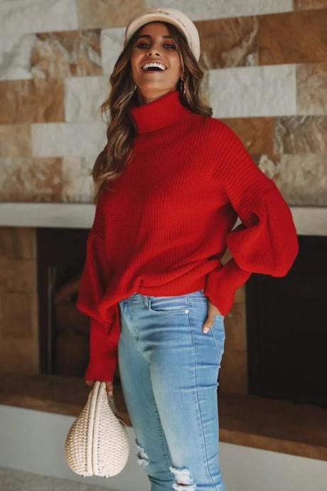 Women Knitted Sweater Autumn Winter Turtleneck Long Sleeve Casual Loose Pullover Tops red